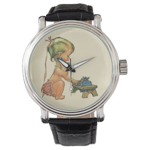Vintage Kind Süßes blondes Mädchen spricht auf Spi Armbanduhr