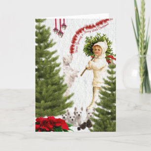 Vintage-Kind und Westie-Wünsche für ein frohes Wei Feiertagskarte