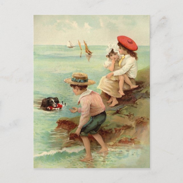 Vintage Kinder an der Strandpostkarte Postkarte (Vorderseite)