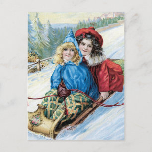 Vintage Kinder beim Schlittenfahren Postkarte