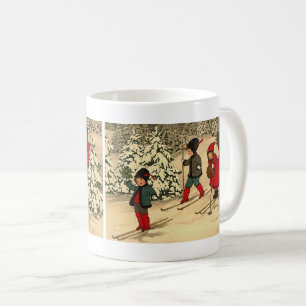Vintage Kinder beim Skifahren durch einen schneebe Kaffeetasse