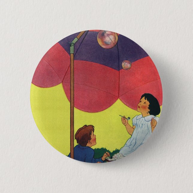 Vintage Kinder blasen unter einem Schirm Button (Vorderseite)