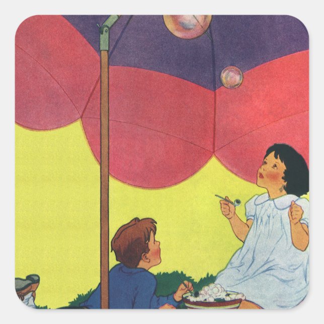 Vintage Kinder blasen unter einem Schirm Quadratischer Aufkleber (Vorderseite)