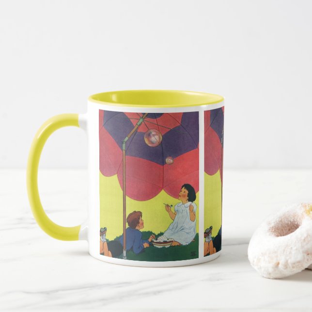 Vintage Kinder blasen unter einem Schirm Tasse (Mit Donut)
