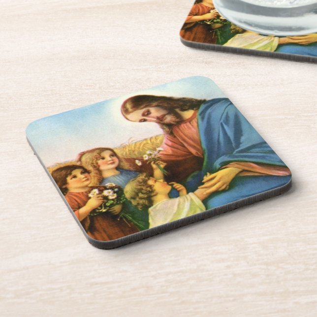 Vintage Kinder bringen Blume nach Jesus Christus Getränkeuntersetzer (Linke Seite)