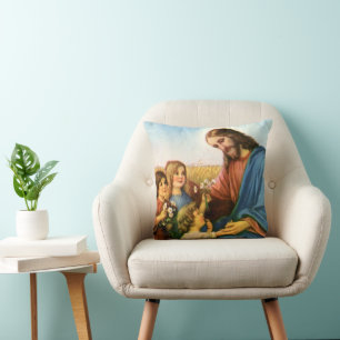 Vintage Kinder bringen Blume nach Jesus Christus Kissen