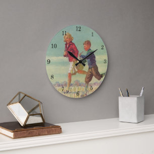 Vintage Kinder, die zur Schule gehen und Bücher fü Große Wanduhr