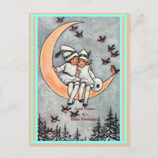 Vintage Kinder, Halbmond, Winterschneevögel Postkarte (Vorderseite)