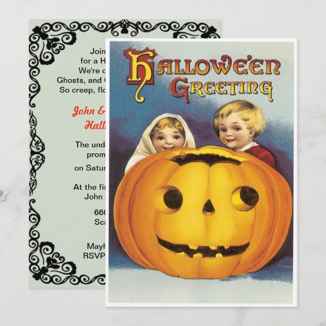 Vintage Kinder hinter einem KürbisHalloween Einladung (Vorne/Hinten)
