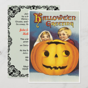 Vintage Kinder hinter einem KürbisHalloween Einladung