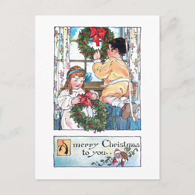 Vintage Kinder im Fenster mit Weihnachtskriegen Postkarte (Vorderseite)