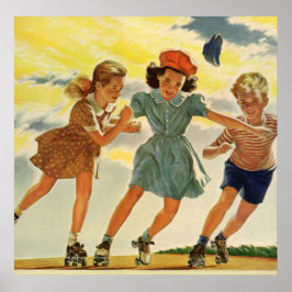 Vintage Kinder, Jungs Mädchen Spaß Roller Skaten Poster