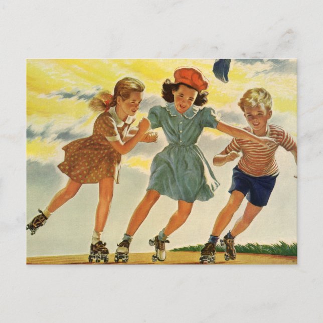 Vintage Kinder, Jungs Mädchen Spaß Roller Skaten Postkarte (Vorderseite)