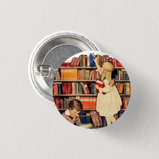 Vintage Kinder lesen Büchereibücher Pinback  Button (Vorne & Hinten)