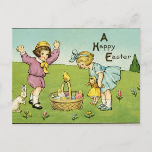 Vintage Kinder mit Häschen und einem Korb Ostern Postkarte