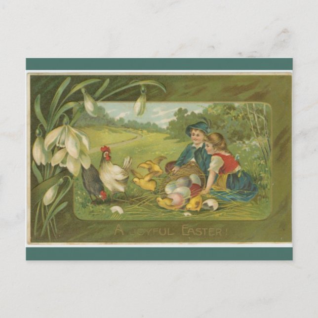 Vintage Kinder mit Hühnern Ostern Postkarte (Vorderseite)