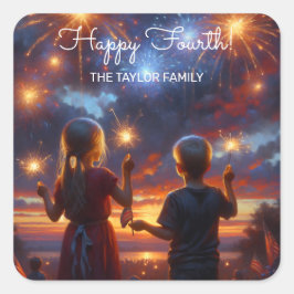 Vintage Kinder mit Sparklern 4. Juli Personalisier Quadratischer Aufkleber