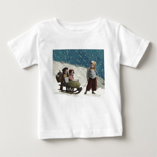 Vintage Kinder Rodelbahn Weihnachten Winter Baby T-shirt (Vorderseite)