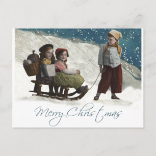 Vintage Kinder Schlittenfahren Weihnachten Winter Postkarte