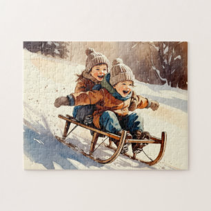 Vintage-Kinder-Schlittenfahrt-Wasserfarbe-Winter