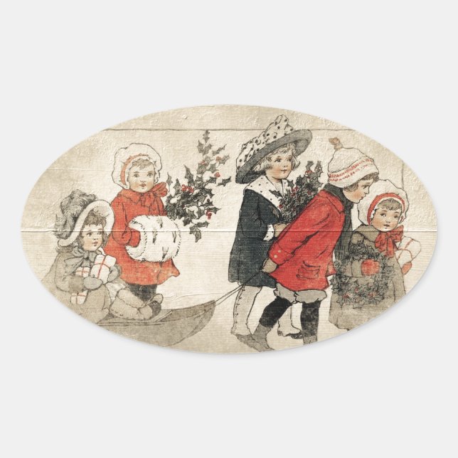Vintage Kinder Schneeschlitten und Bäume Ovaler Aufkleber (Vorderseite)