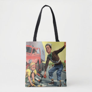 Vintage Kinder, Sicherheitspatrol hilft Mädchen Tasche