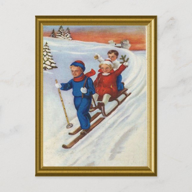 Vintage Kinder Skifahren Feiertagspostkarte (Vorderseite)