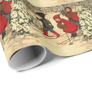 Vintage Kinder Skifahren Geschenkpapier