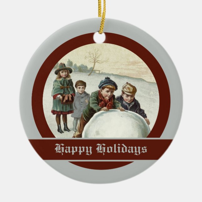 Vintage Kinder spielen im Winter Keramik Ornament (Vorne)