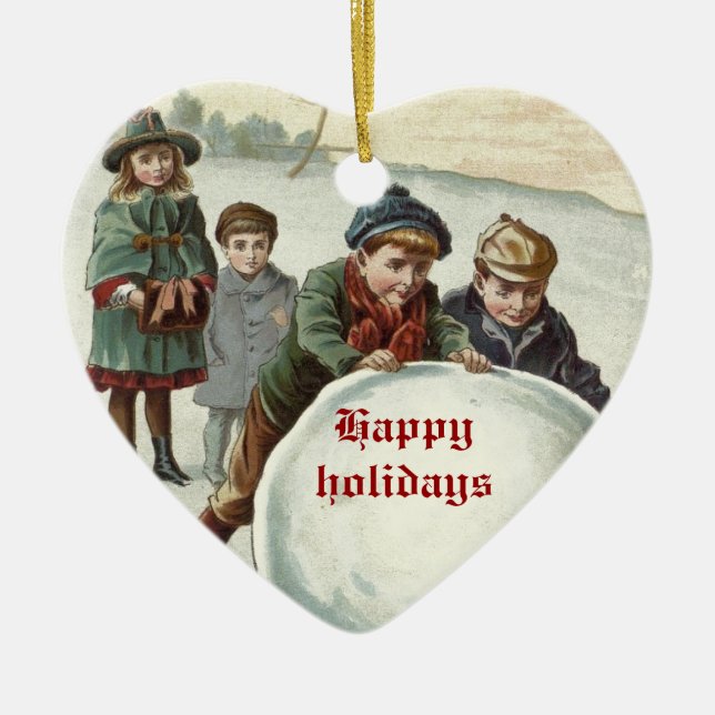 Vintage Kinder spielen im Winter Keramik Ornament (Vorne)