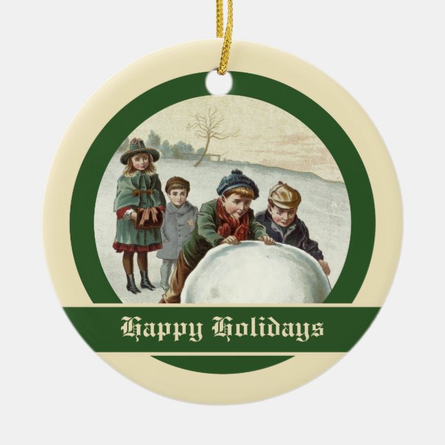 Vintage Kinder spielen im Winter Keramikornament (Vorne)