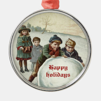 Vintage Kinder spielen im Winter Silbernes Ornament