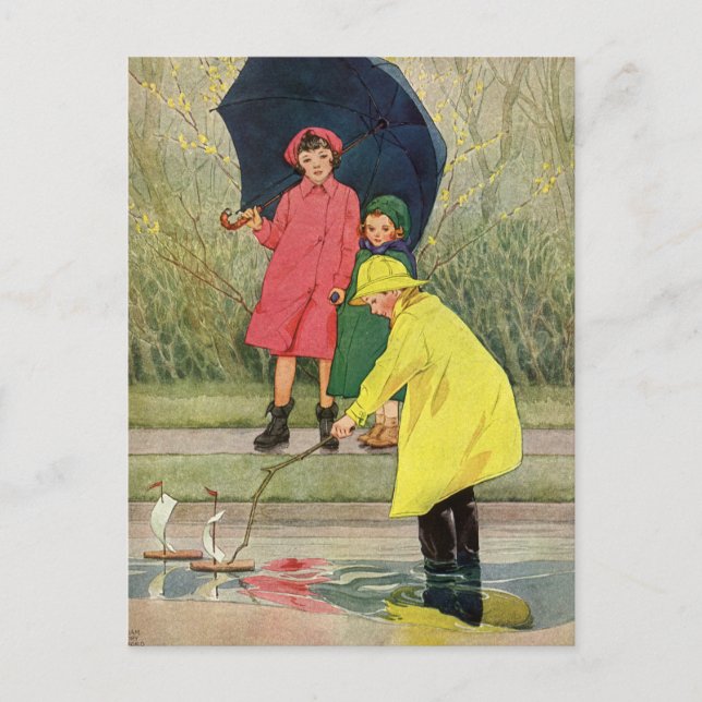 Vintage Kinder spielen Puddles Toyota Rain Postkarte (Vorderseite)