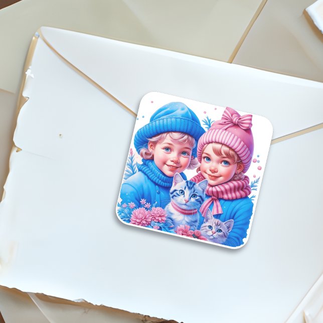 Vintage Kinder und Kätzchen Weihnachten Quadratischer Aufkleber (Von Creator hochgeladen)