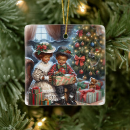 Vintage Kinder Weihnachtsgeschenke öffnen Keramikornament
