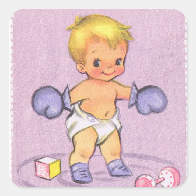 Vintage Kinderankündigung/Boxhandschuhe Quadratischer Aufkleber (Vorderseite)