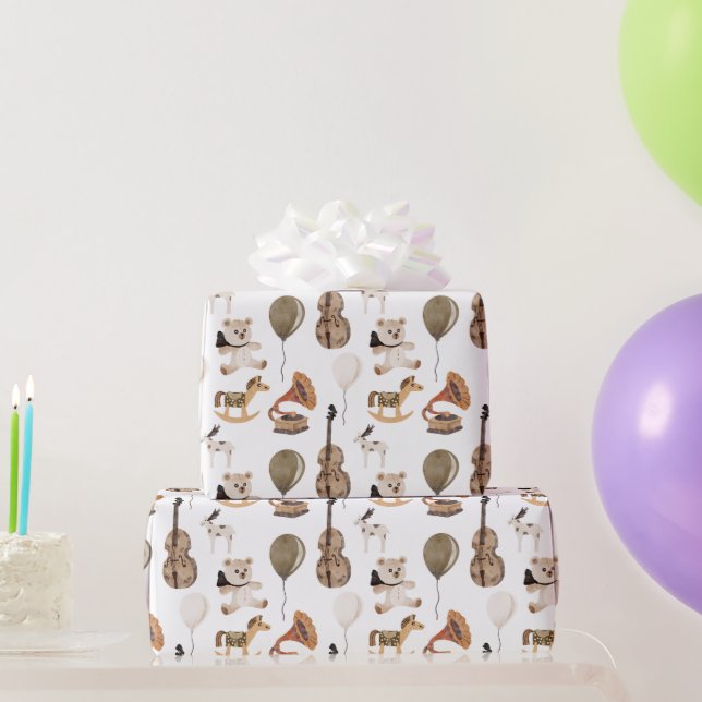 Vintage Kinderbären, Balloons, Rockpferde Geschenkpapier (Partygeschenke)