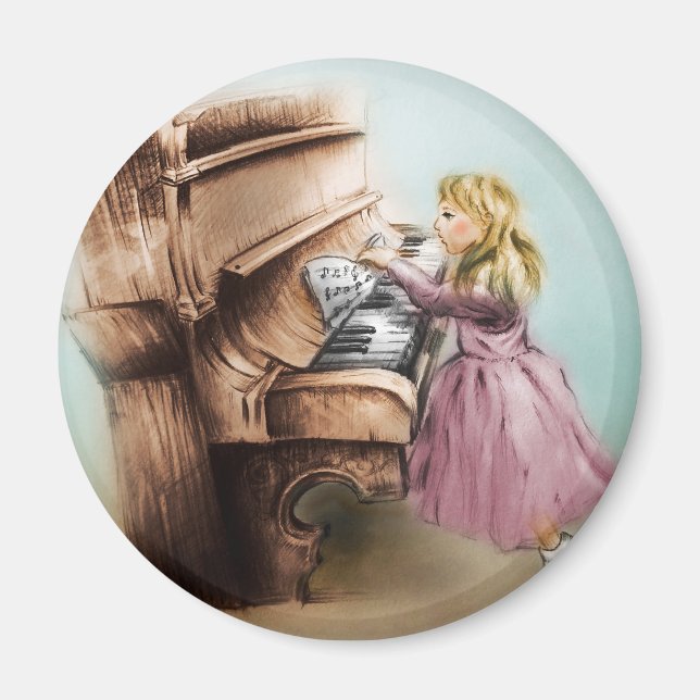 Vintage Kinderkunst, Round Magnet - Piano Girl (Vorne)