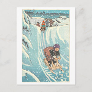 Vintage-Kinderschlitten-Holzschnitt aus Japan Postkarte