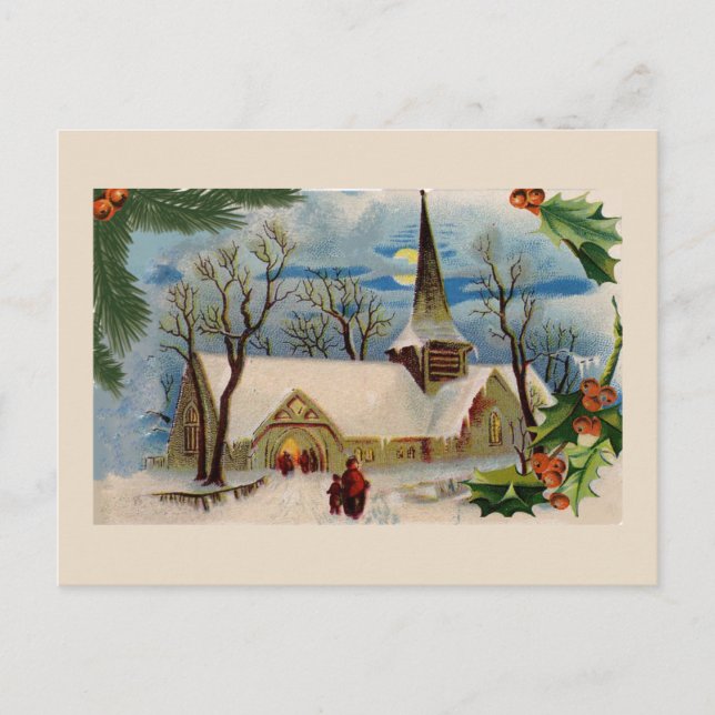 Vintage Kirche im Winter Postkarte (Vorderseite)