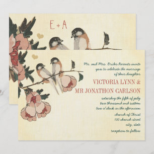 Vintage-Kirschblüten-Meise-Damaskus-Hochzeit Einladung