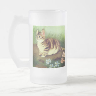 Vintage Kitten Illustration mit Blume Mattglas Bierglas
