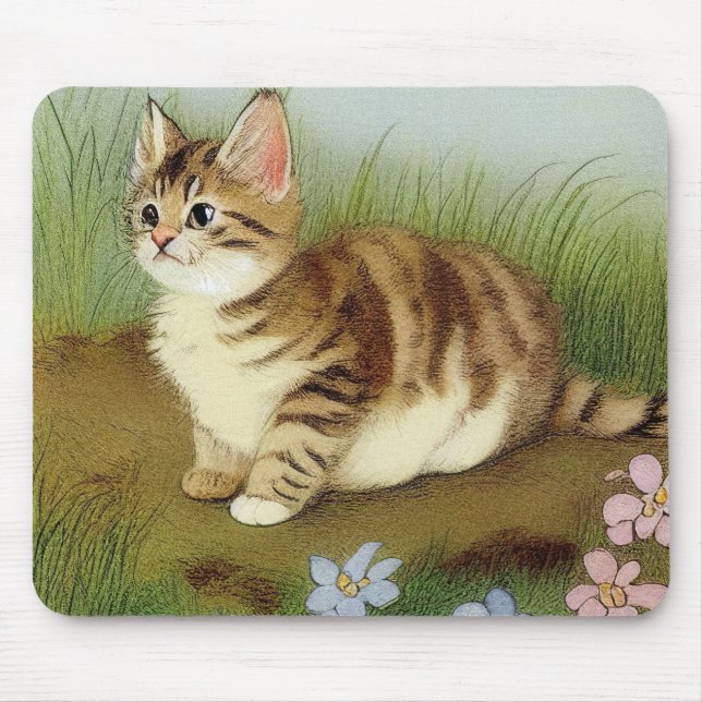 Vintage Kitten Illustration mit Blume Mousepad (Vorne)