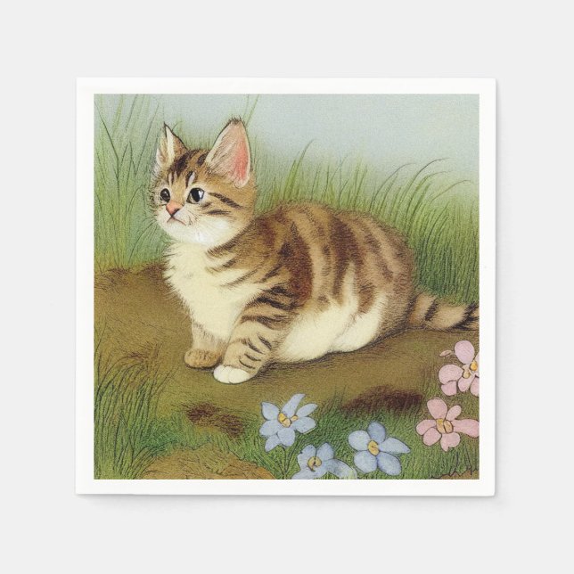 Vintage Kitten Illustration mit Blume Serviette (Vorderseite)