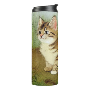 Vintage Kitten Illustration mit Blume Thermosbecher