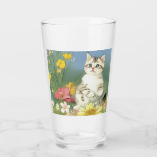 Vintage Kitten Illustration mit gelben Blumen Glas