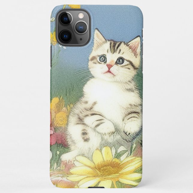 Vintage Kitten Illustration mit gelben Blumen iPhone Hülle (Rückseite)