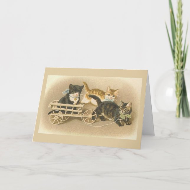 Vintage Kittens in a Cart Note Card Karte (Vorderseite)
