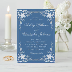 Vintage Klassisch Blau Faux Silber Elegante Hochze Einladung