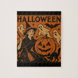 Vintage, klassische Halloween-Hexe, Geist & Kürbis